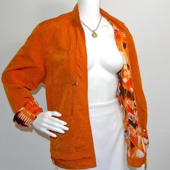 Escada Orange Cringed Silk Bomber Jacket – Size 10 (M) | Made in Germany 🇩🇪 - Picture 8 of 9